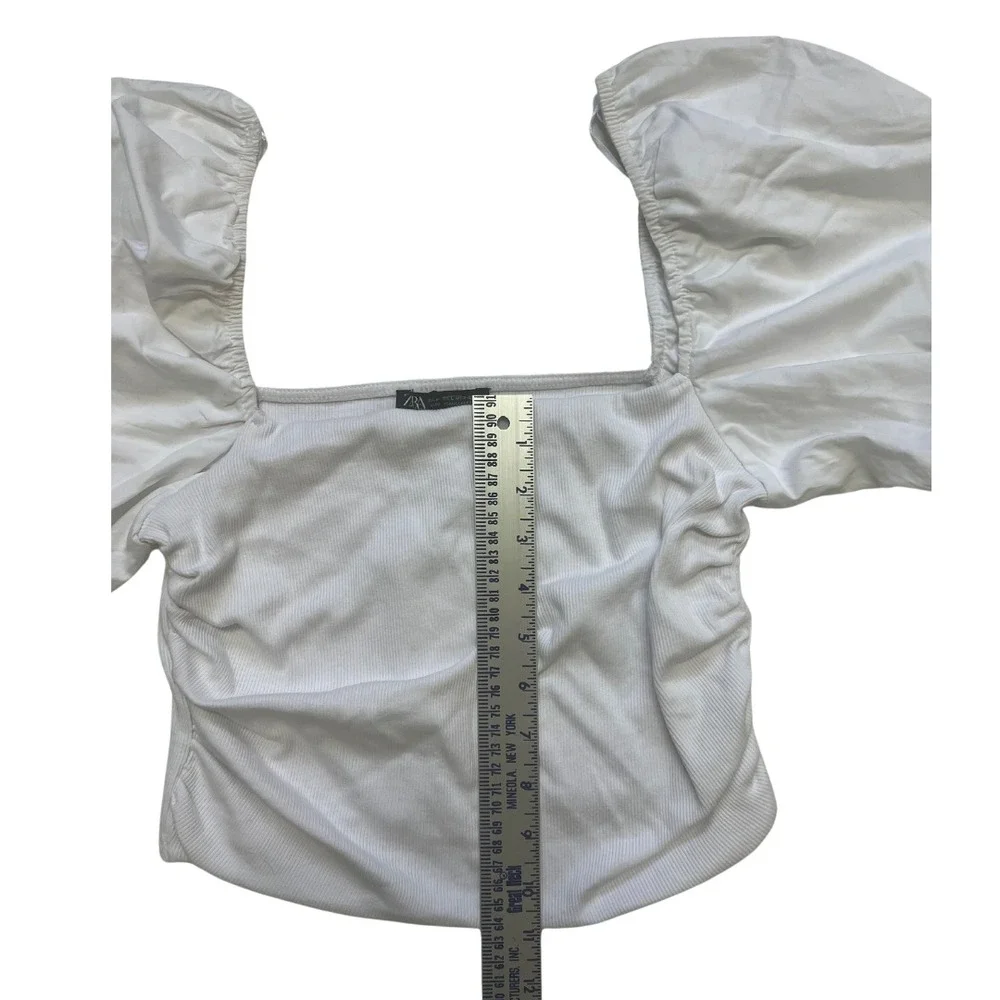 ZARA White Puff Sleeve‎ Top L | Ribbed Square Neck Blouse Romantic Cottagecore
